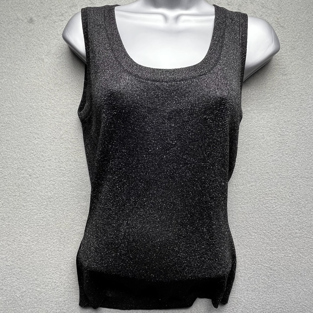 VTG Diana Knits women tank top metallic shimmer‎ black rayon blend large retro